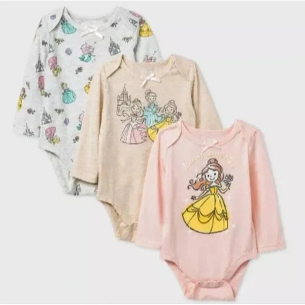 Disney Princess Long Sleeve Bodysuit set of 3 Belle Cinderella Aurora 6-9m